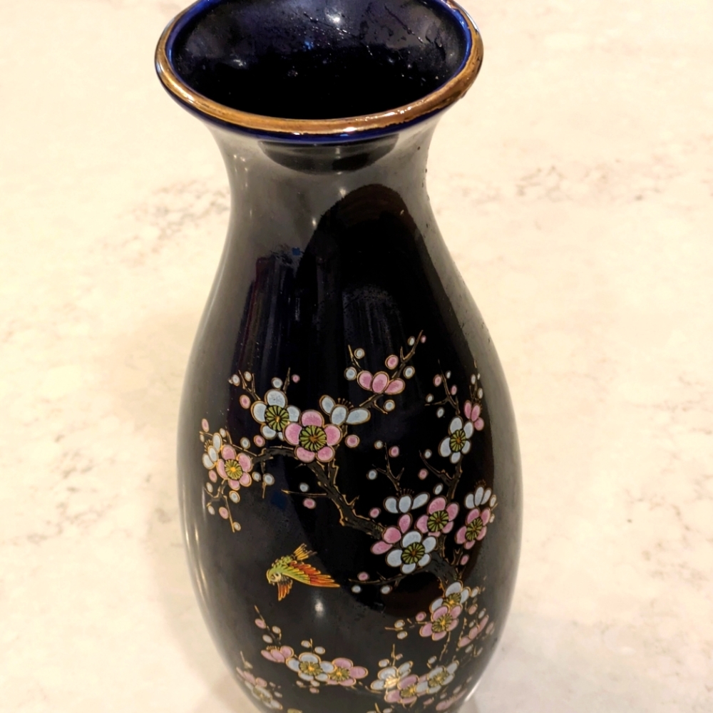 Vintage Japan Tall Vase, Floral Birds & Sacura Flowers 12" Gold Trim Used